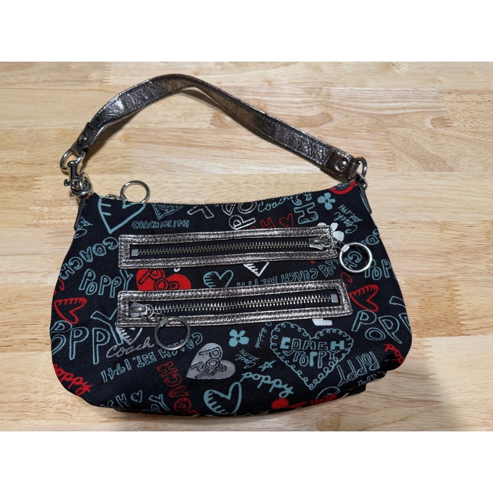 Coach Poppy Graffiti Print Shoulder Bag Black Canvas Metallic Silver Trim 15863